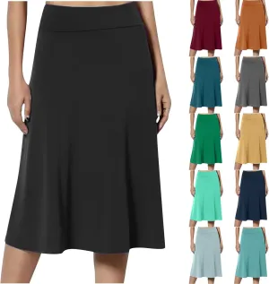 Women's Solid Color A-Line Skirts Elastic High Waist Flare Work Midi Skirts Knee Length Stretchy Skirts Dress