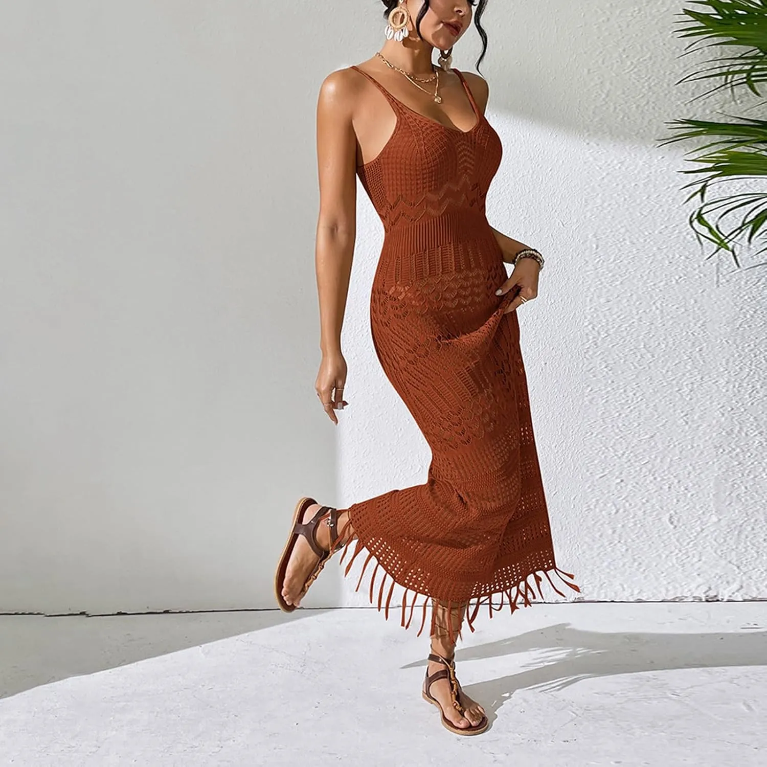 Women's Solid Color Sexy Hollow Suspender Long Skirt Slim Fit Tassel Beach Sleeveless Knitted V Neck Suspender Dress