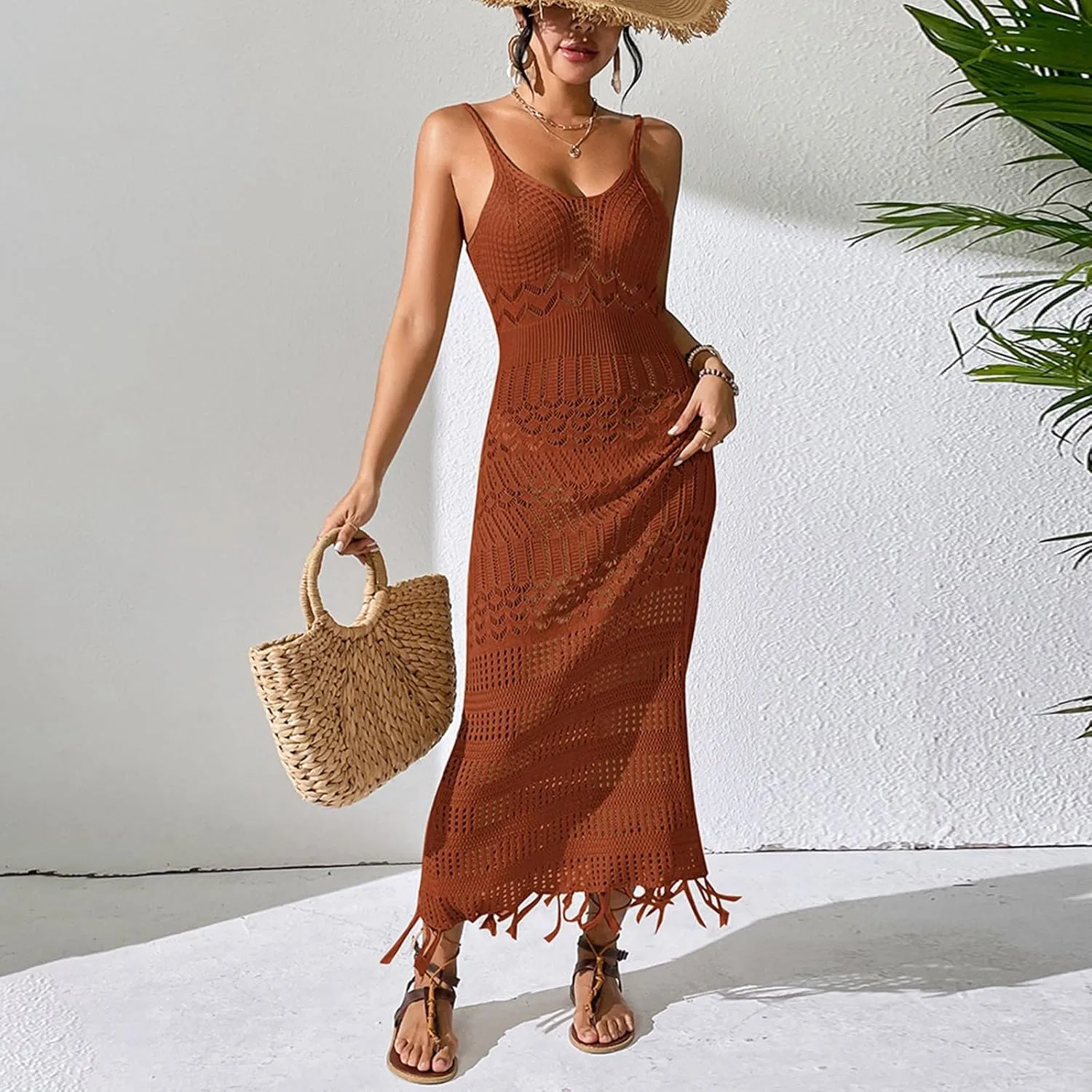 Women's Solid Color Sexy Hollow Suspender Long Skirt Slim Fit Tassel Beach Sleeveless Knitted V Neck Suspender Dress