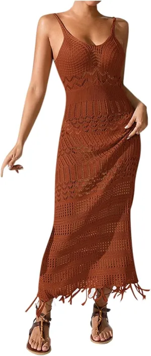 Women's Solid Color Sexy Hollow Suspender Long Skirt Slim Fit Tassel Beach Sleeveless Knitted V Neck Suspender Dress