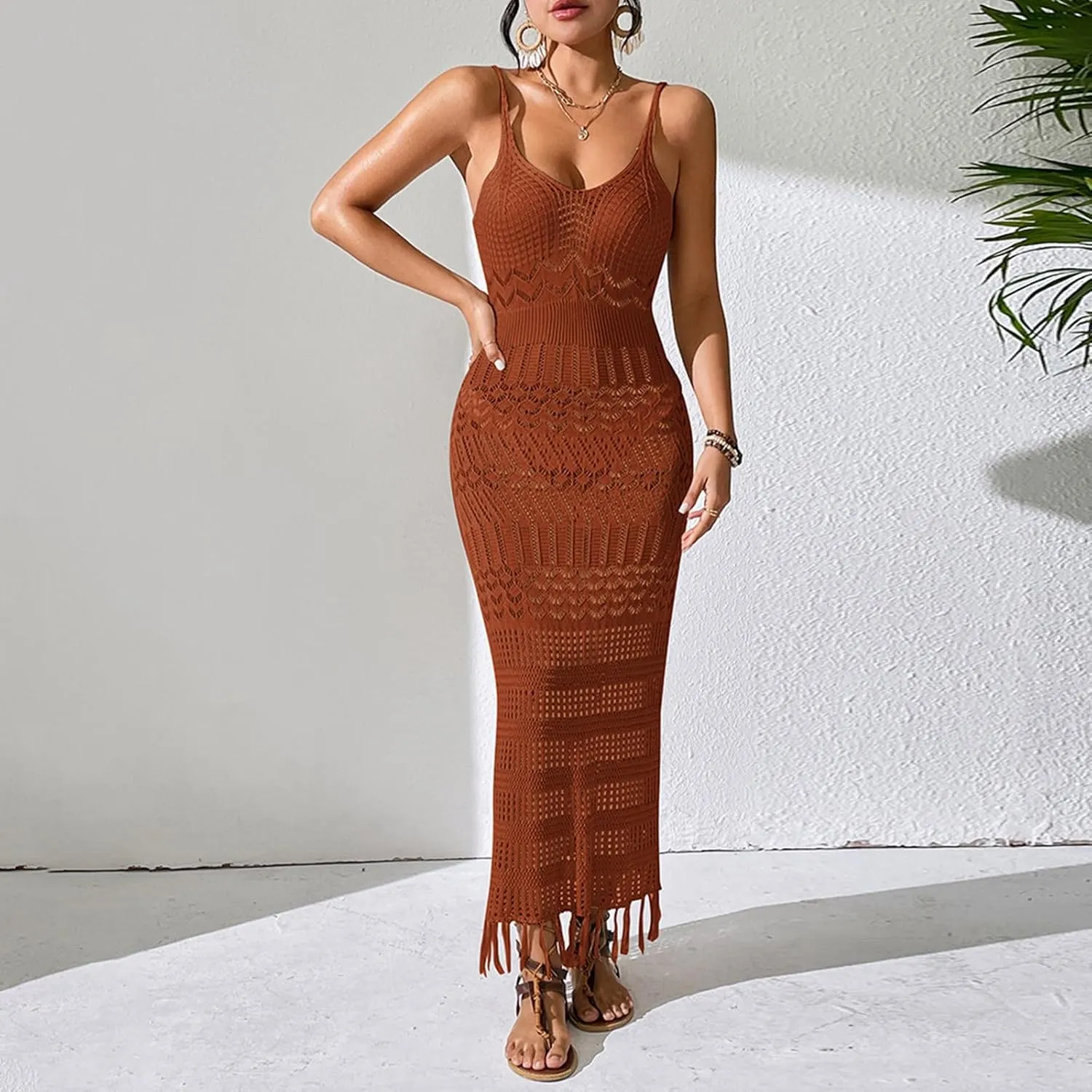 Women's Solid Color Sexy Hollow Suspender Long Skirt Slim Fit Tassel Beach Sleeveless Knitted V Neck Suspender Dress