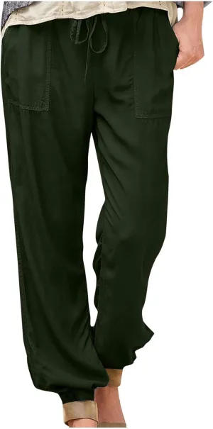 Women's Solid Cotton Linen Long Pants - Drawstring Waist Tapered Straight Leg Casual Loose Fit Trousers 2025 Summer
