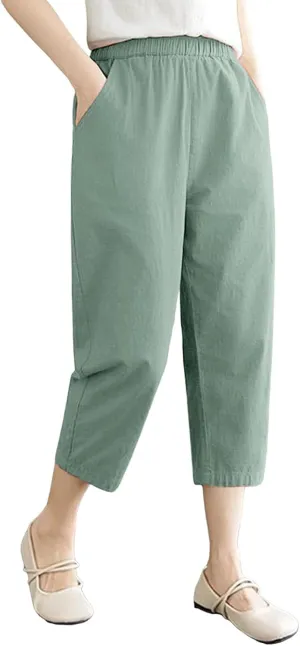 Women's Solid Cotton Linen Straight Capris High Waisted Loose Wide Leg Casual Capris Summer Beach Trousers with Pockets