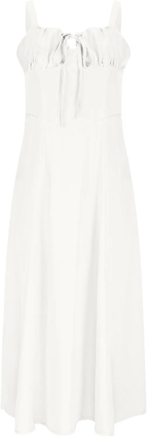 Womens Spaghetti Strap Summer Dress Tie Front Midi Dresses Flowy A Line Sundress Casual Beach Vacation Outfits