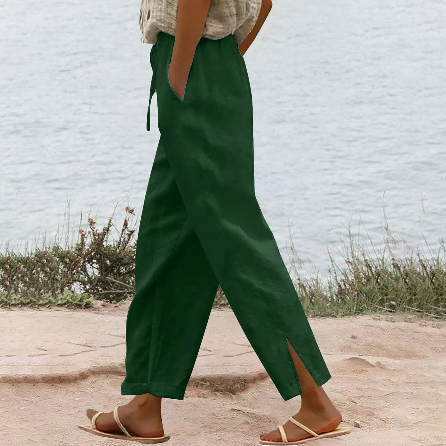 Womens Straight Leg Linen Pants 2025 Summer Casual Beach Pants Lightweight High Waisted Boho Capri Pants with Pockets