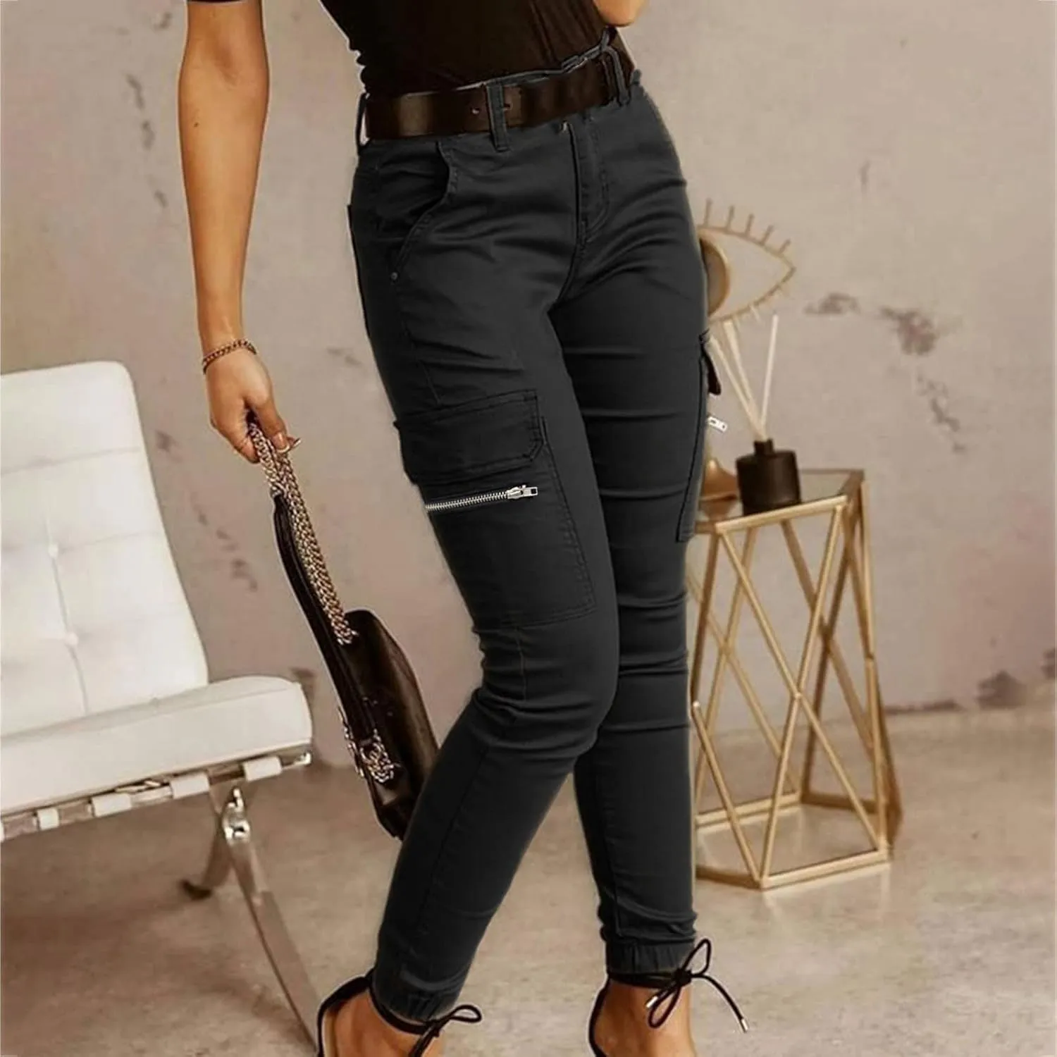 Women's Stretchy Tactical Cargo Pants High Waisted Casual Joggers Plus Size Skinny Trousers Cargo Pants with 6 Pockets