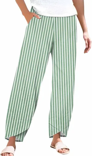 Women's Striped Printed Elastic High Waist Cropped Pants Wide Leg Casual Summer Beach Trousers for Women with Pocket