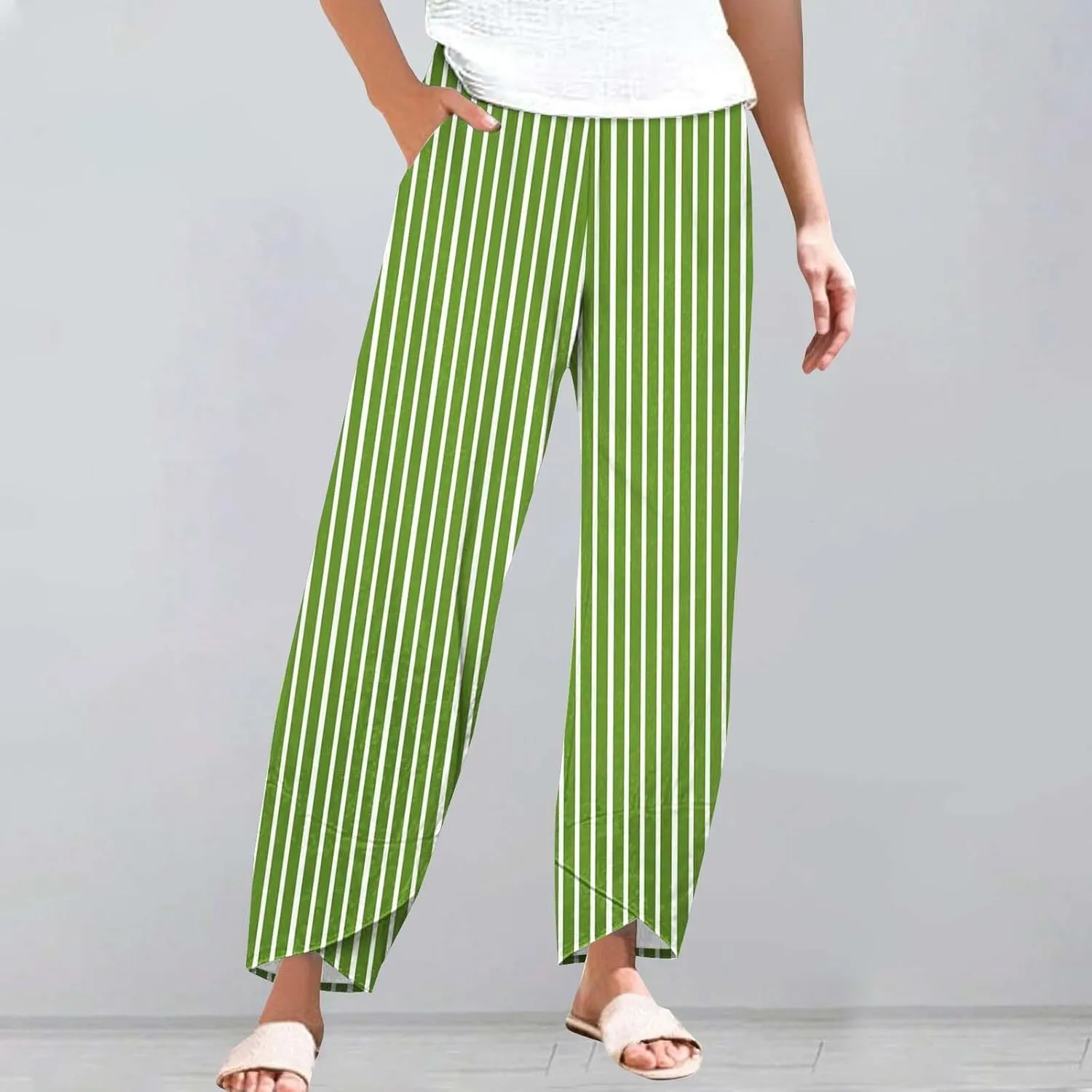 Women's Striped Printed Elastic High Waist Wide Leg Cropped Pants Casual Summer Fall Trousers for Women with Pockets