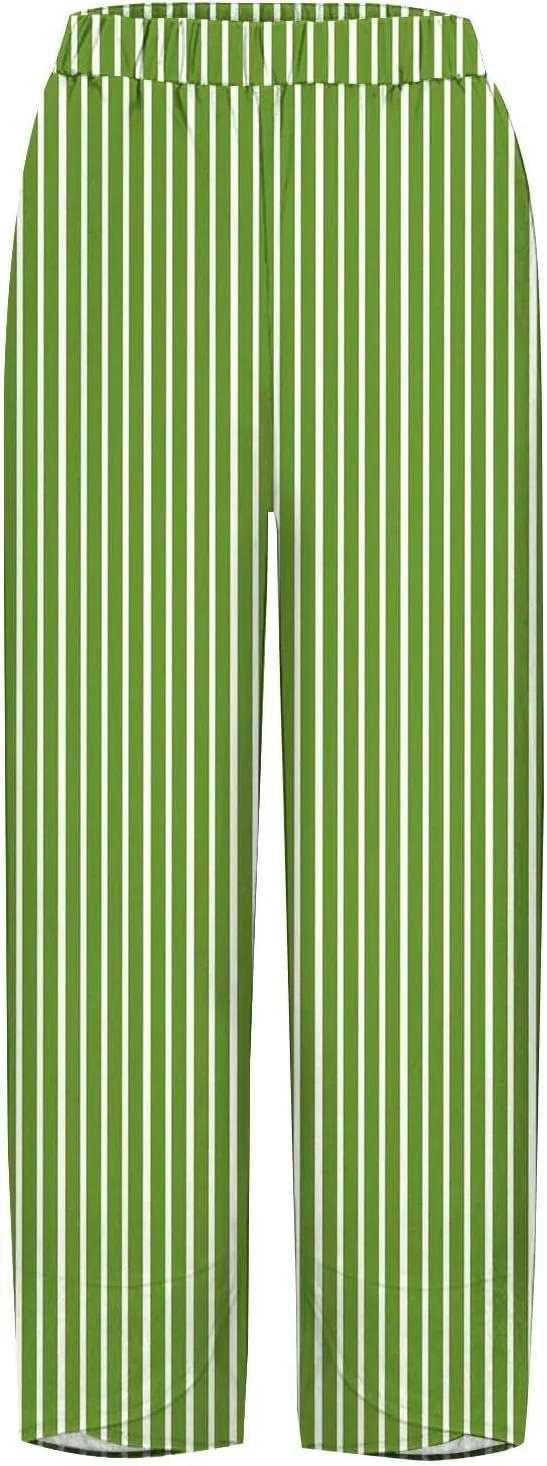 Women's Striped Printed Elastic High Waist Wide Leg Cropped Pants Casual Summer Fall Trousers for Women with Pockets