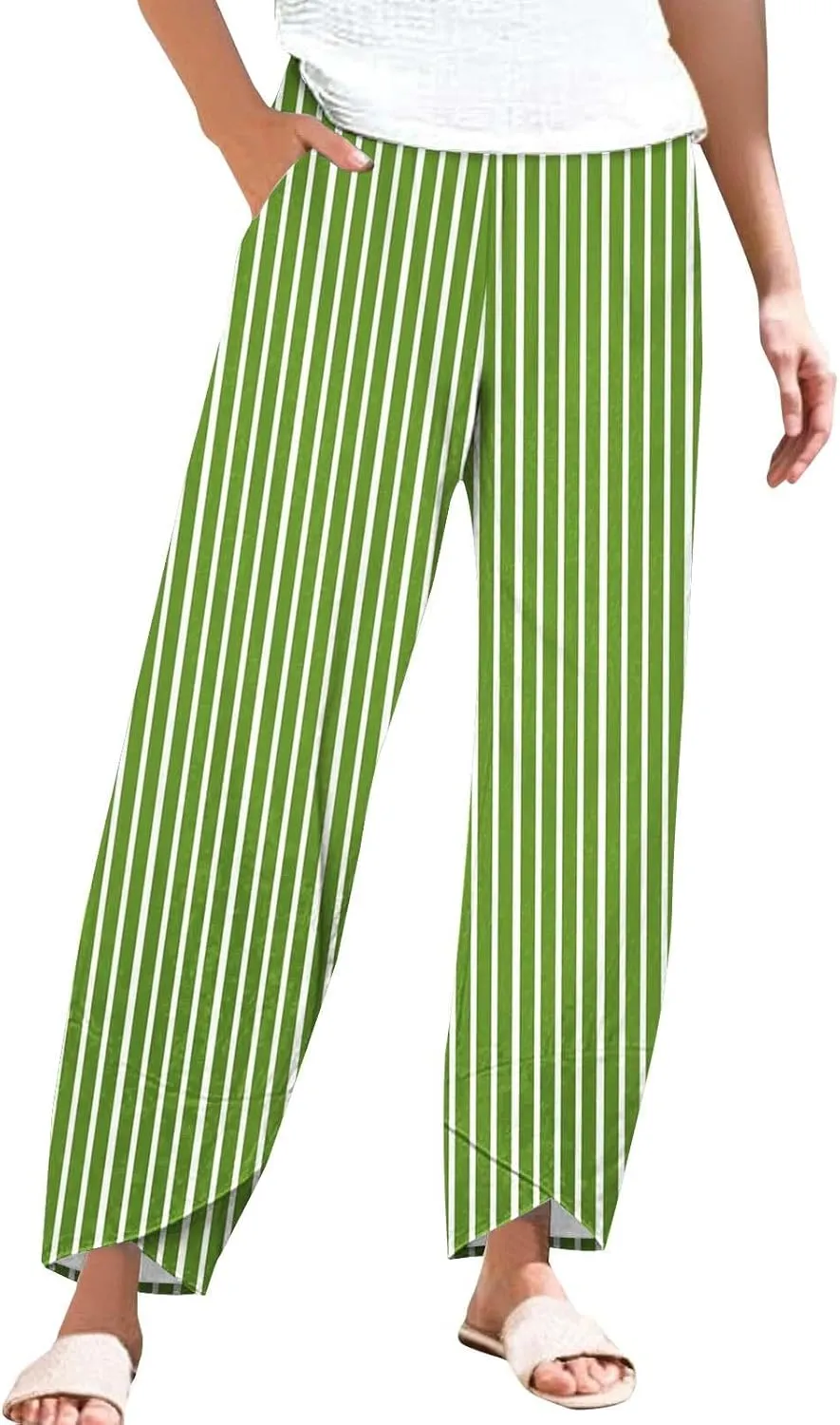 Women's Striped Printed Elastic High Waist Wide Leg Cropped Pants Casual Summer Fall Trousers for Women with Pockets