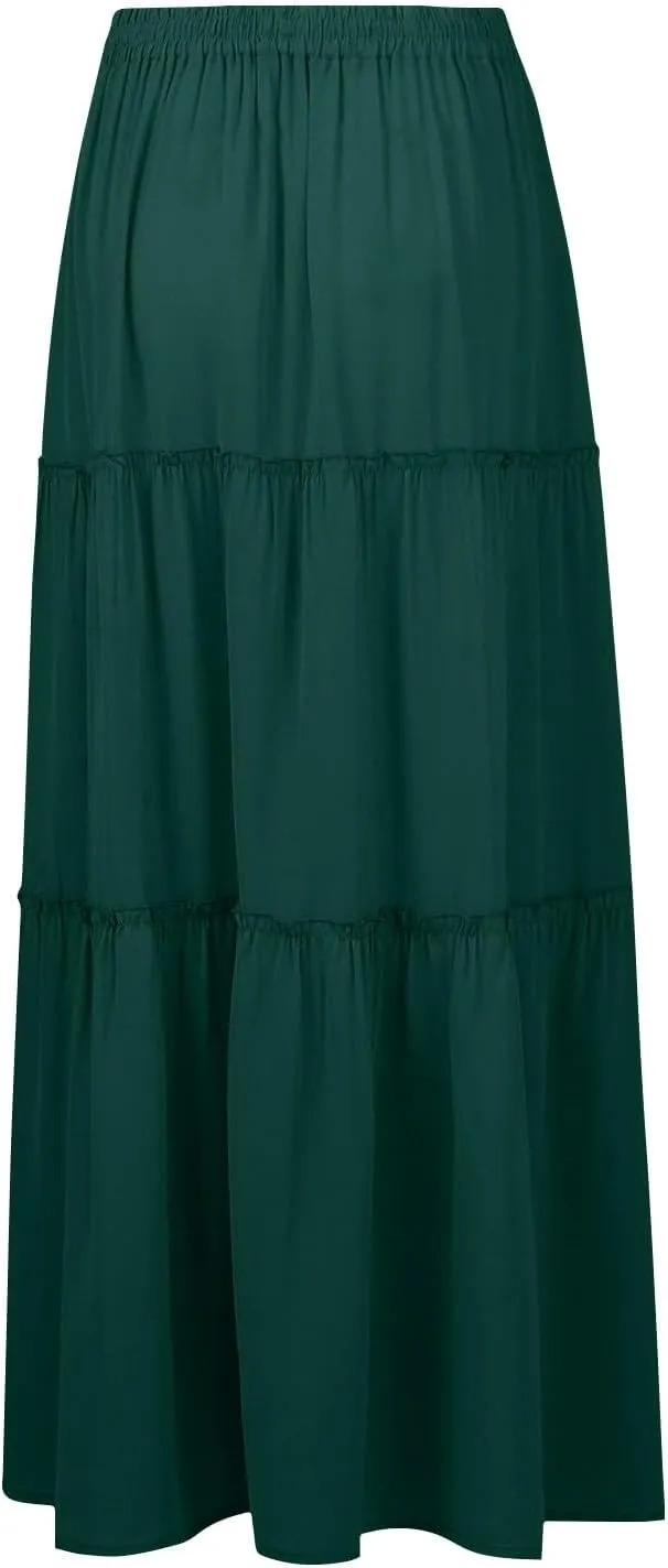 Women's Summer Boho Maxi Skirt A-Line Flowy Ruffle Tiered Elastic High Waist Beach Pleated Long Skirts with Pockets