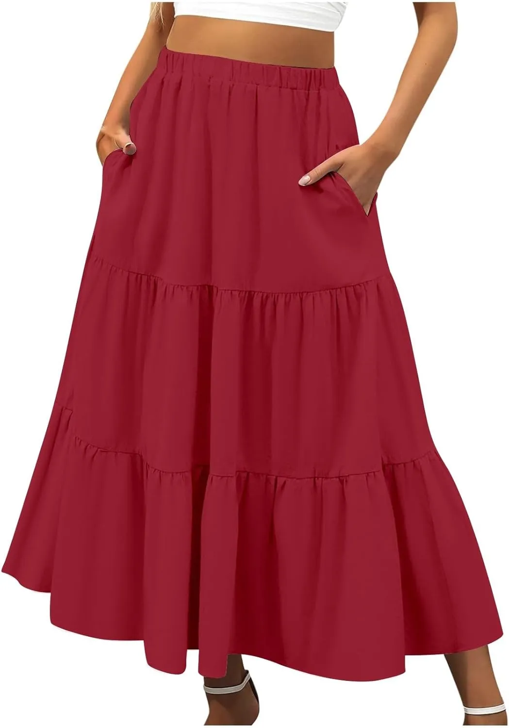 Women's Summer Boho Maxi Skirts Elastic High Waist Pleated A-Line Flowy Ruffle Tiered Long Beach Vacation Skirt