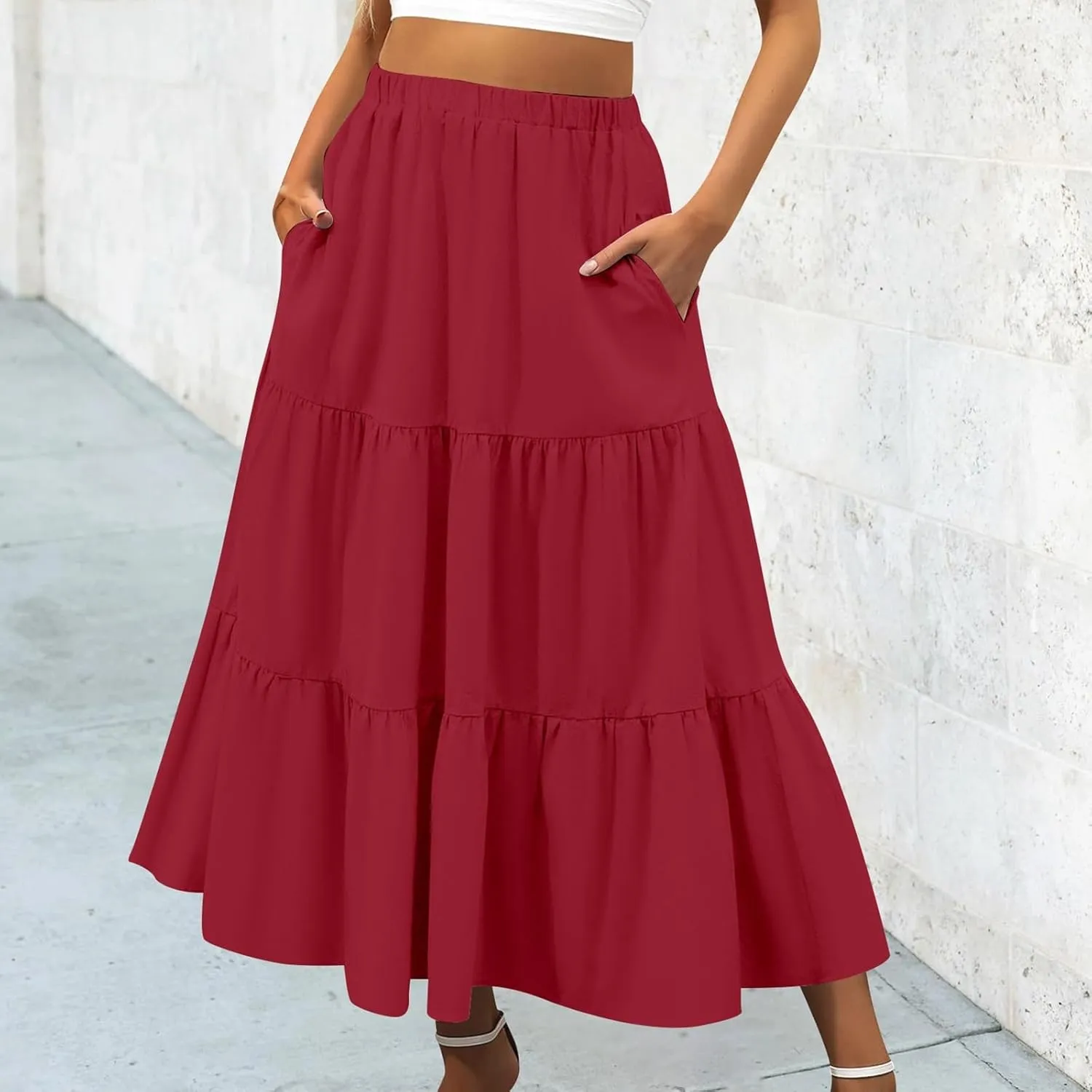 Women's Summer Boho Maxi Skirts Elastic High Waist Pleated A-Line Flowy Ruffle Tiered Long Beach Vacation Skirt
