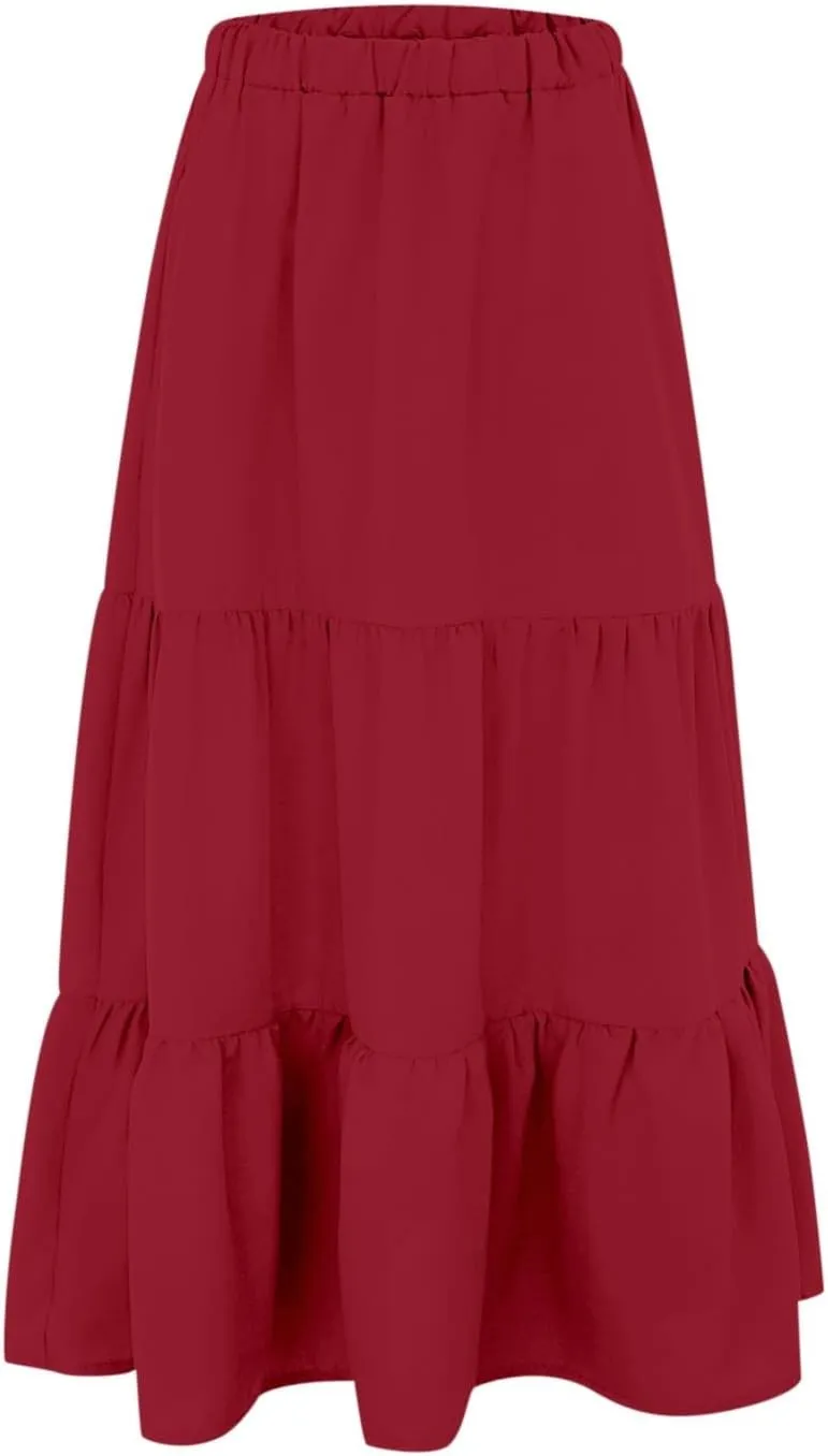 Women's Summer Boho Maxi Skirts Elastic High Waist Pleated A-Line Flowy Ruffle Tiered Long Beach Vacation Skirt