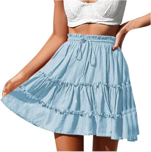 Women's Summer Cute High Waist Ruffle Skirt Drawstring Solid Color Teen Girls Swing Beach Mini Skirt 2025 Trendy