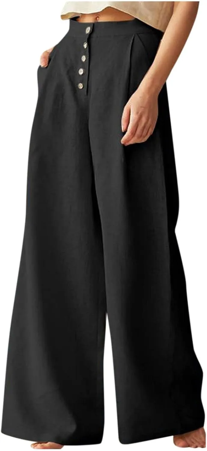 Women's Summer Drawstring Waist Wide Leg Loose Cotton Linen Palazzo Pants High Waisted 2025 Summer Lounge Trouser