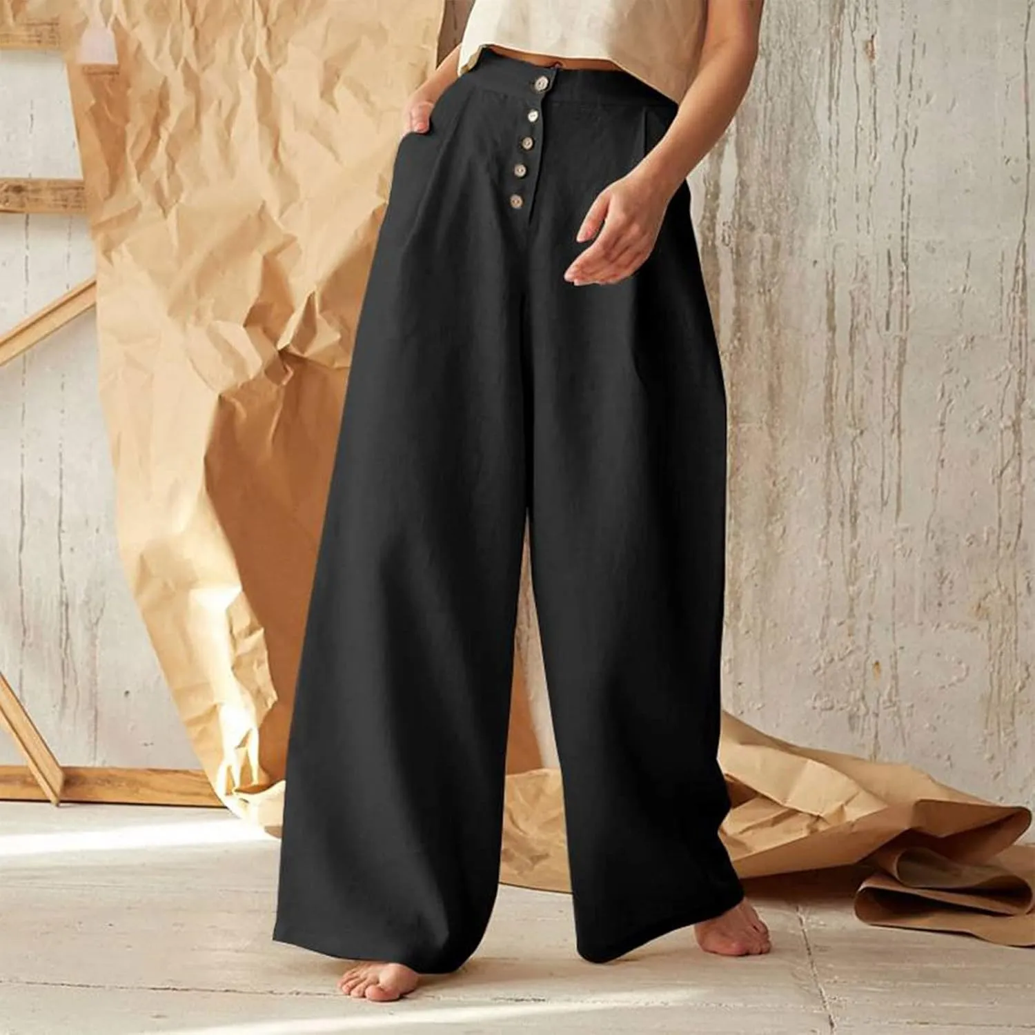 Women's Summer Drawstring Waist Wide Leg Loose Cotton Linen Palazzo Pants High Waisted 2025 Summer Lounge Trouser