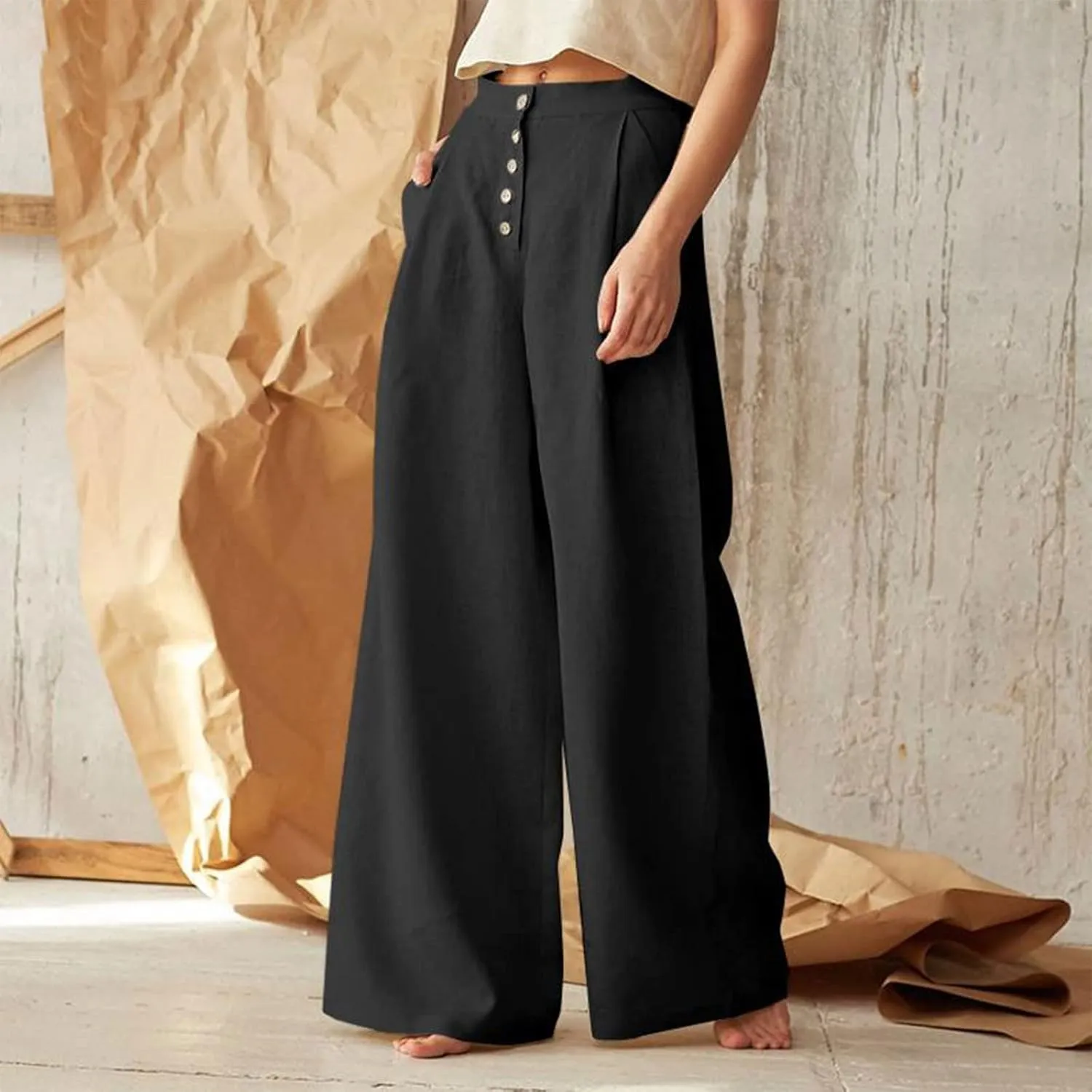 Women's Summer Drawstring Waist Wide Leg Loose Cotton Linen Palazzo Pants High Waisted 2025 Summer Lounge Trouser