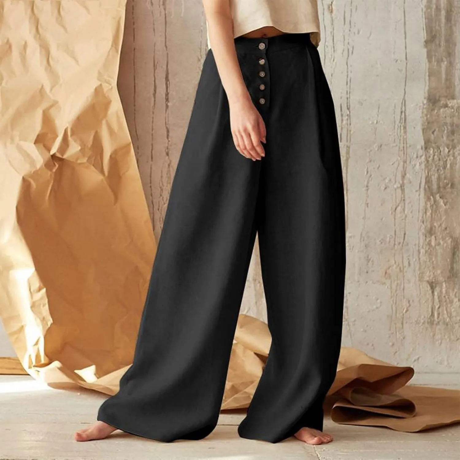 Women's Summer Drawstring Waist Wide Leg Loose Cotton Linen Palazzo Pants High Waisted 2025 Summer Lounge Trouser