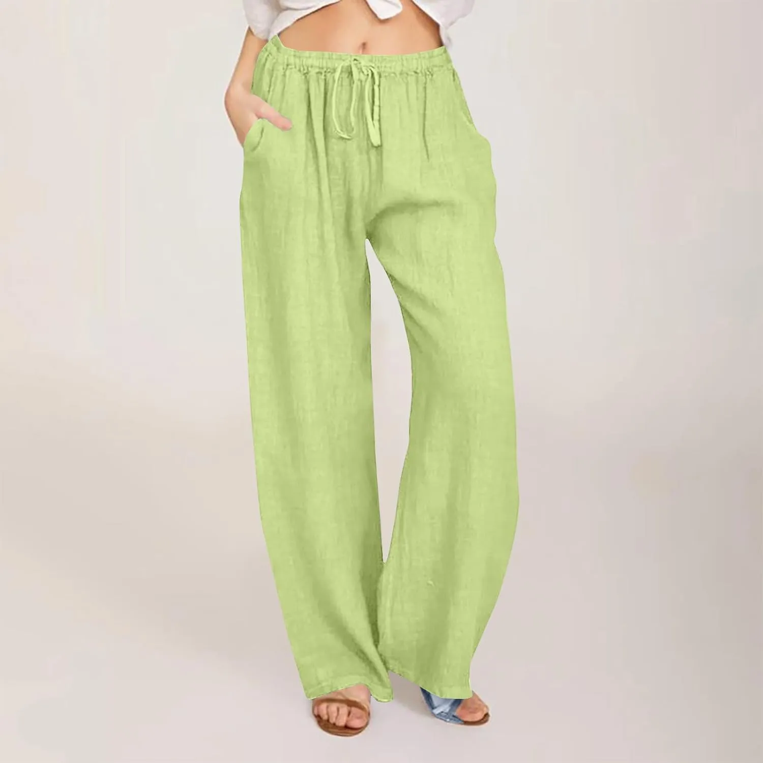 Women's Summer Linen Pants Casual Beach Drawstring Waist Wide Leg Trouser with Pocket Loose Cotton Linen Palazzo Pant