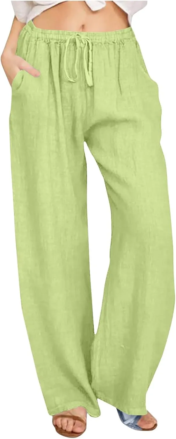 Women's Summer Linen Pants Casual Beach Drawstring Waist Wide Leg Trouser with Pocket Loose Cotton Linen Palazzo Pant