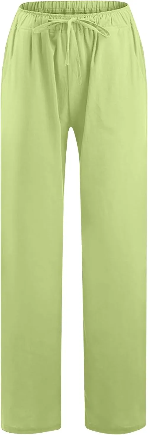 Women's Summer Linen Pants Casual Beach Drawstring Waist Wide Leg Trouser with Pocket Loose Cotton Linen Palazzo Pant