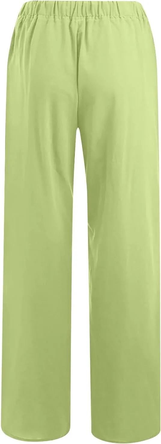 Women's Summer Linen Pants Casual Beach Drawstring Waist Wide Leg Trouser with Pocket Loose Cotton Linen Palazzo Pant
