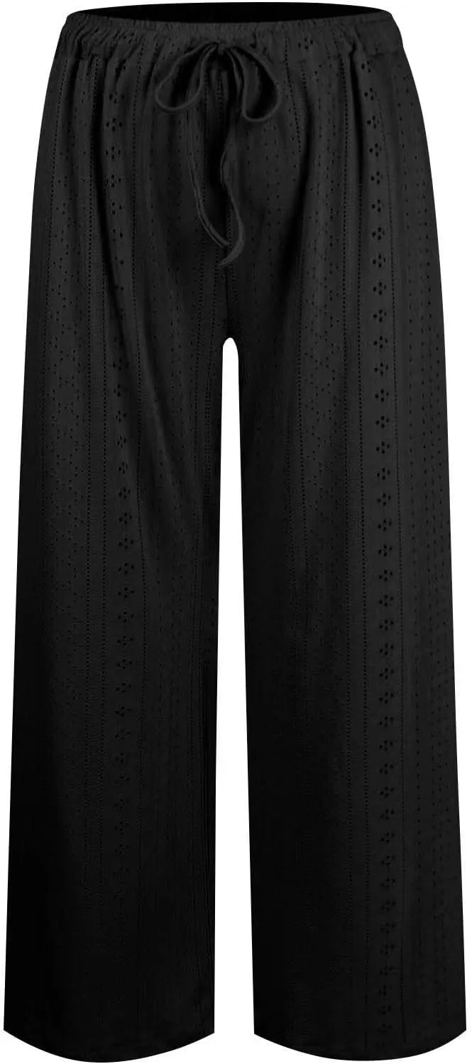 Women's Summer Pant 2024 Fashion Drawstring Hollow Hole Casual Loose Pant Solid Wide Leg Flowy Long Lounge Trousers