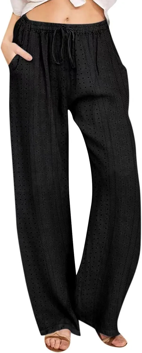 Women's Summer Pant 2024 Fashion Drawstring Hollow Hole Casual Loose Pant Solid Wide Leg Flowy Long Lounge Trousers