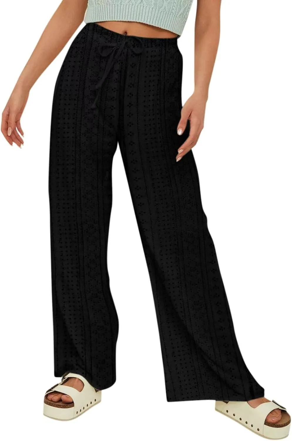 Women's Summer Pant 2024 Fashion Drawstring Hollow Hole Casual Loose Pant Solid Wide Leg Flowy Long Lounge Trousers
