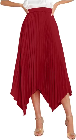 Women's Summer Skirt Solid Color High Waist Pleated A Line Swing Skirts Casual Fashion Irregular Hem Swing Skorts