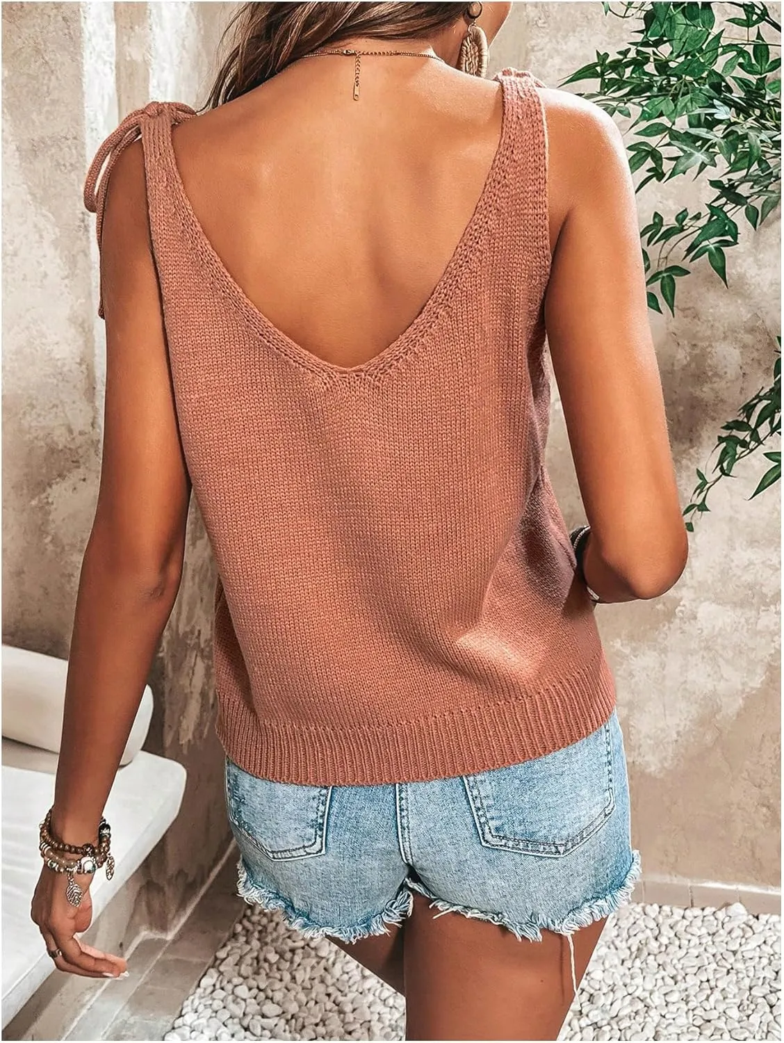 Women's Tie Shoulder V Neck Knit Tank Tops Summer Sleeveless Sweater Vest Camisole Tops Knitwear
