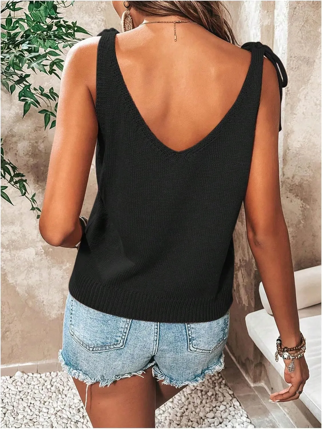 Women's Tie Shoulder V Neck Knit Tank Tops Summer Sleeveless Sweater Vest Camisole Tops Knitwear