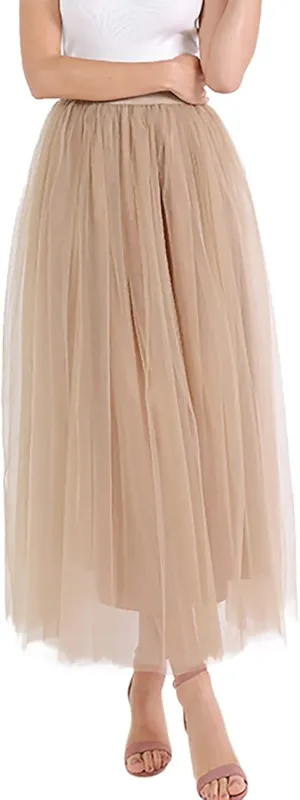 Women's Tiered Layered Mesh Ballet Trim Skirt Prom Party Tulle Tutu A Line Midi Skirt Womens Pleated Cheer Skirts