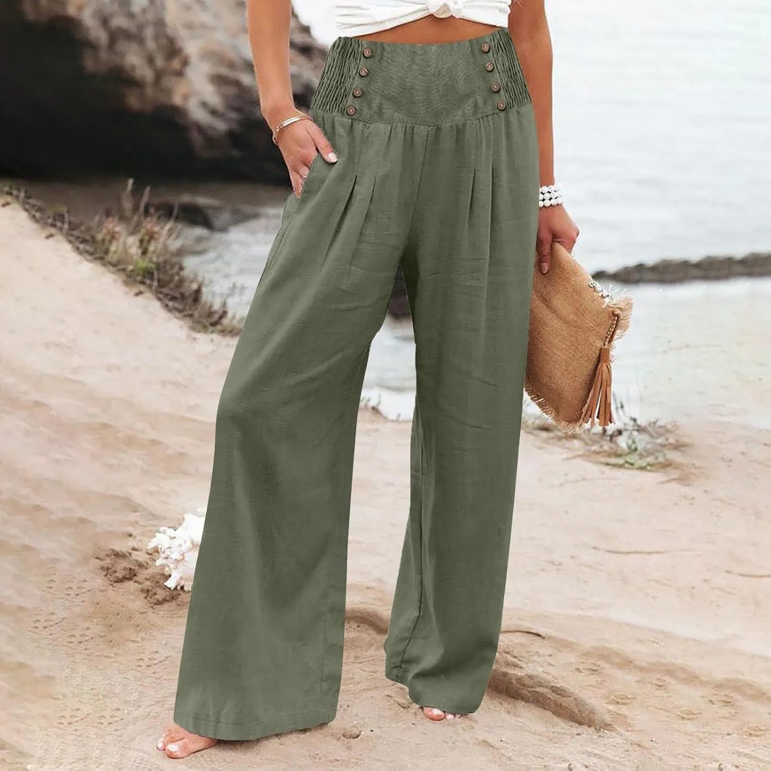 Women's Wide Leg Pants Elastic Waisted Palazzo Pants Casual Yoga Pants Business Casual Long Trousers with Pockets
