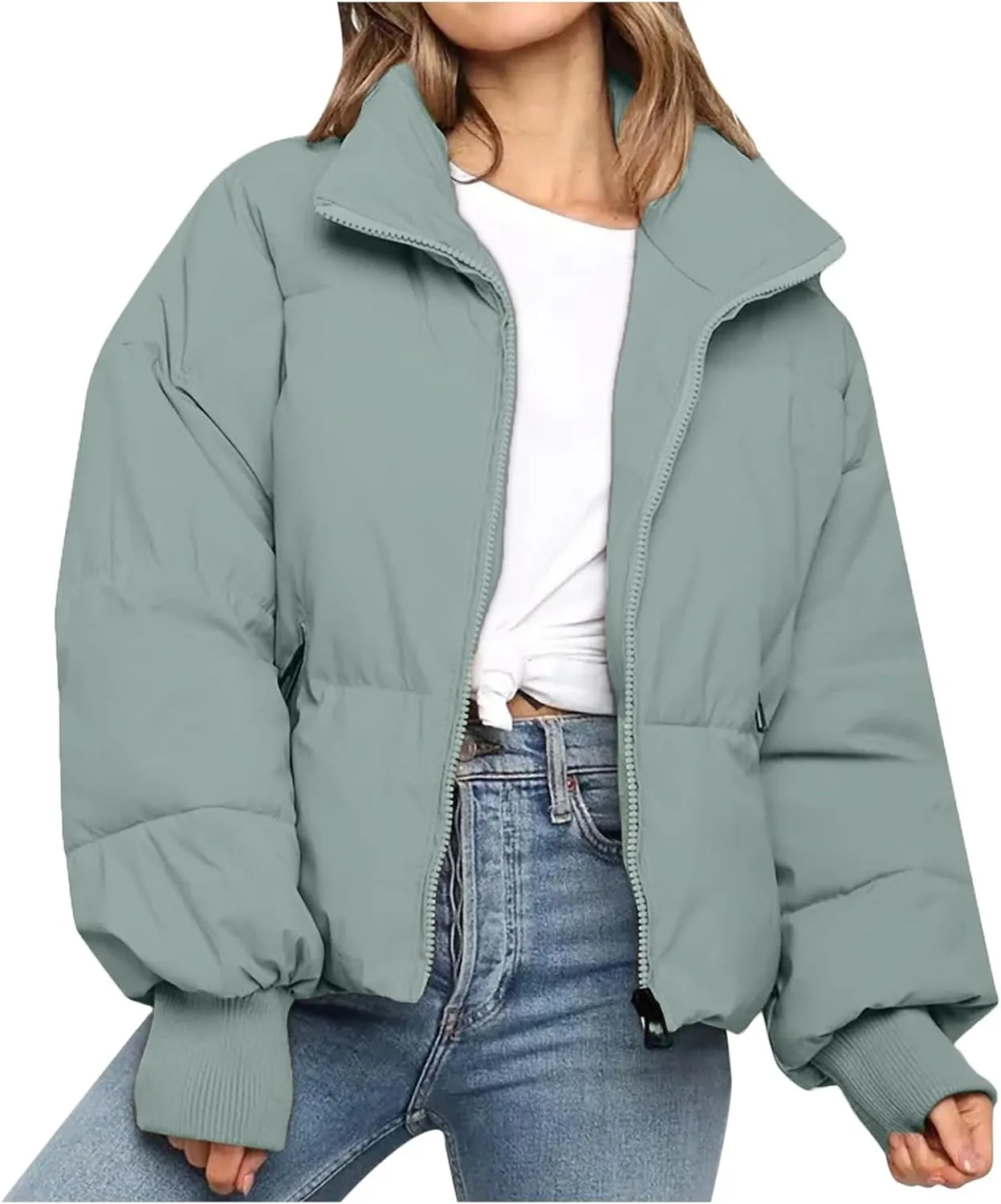 Women's Winter Stand Collar Puffer Jacket Zipper Baggy Short Padded down Coats Fluffy Thermal Warm Bread Cotton Coats
