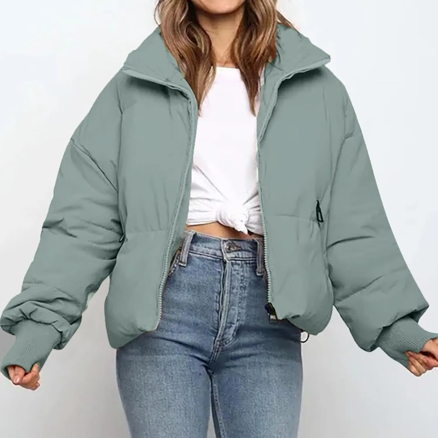 Women's Winter Stand Collar Puffer Jacket Zipper Baggy Short Padded down Coats Fluffy Thermal Warm Bread Cotton Coats