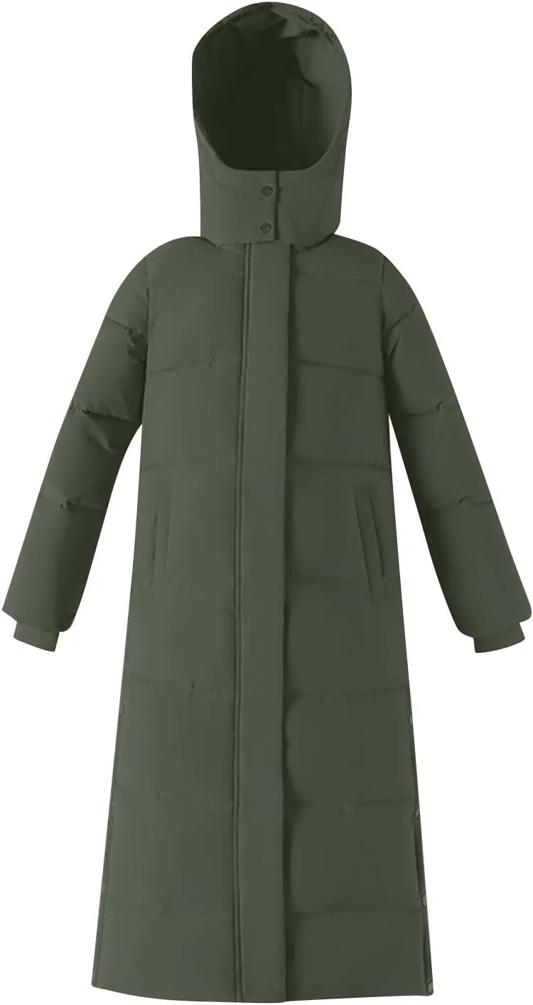 Women's Winter Warm Long Sleeve Cotton Jacket Pockets Hooded Padded Coat Thick Outerwear Maxi Length Quilted Coats