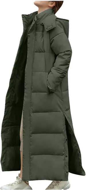 Women's Winter Warm Long Sleeve Cotton Jacket Pockets Hooded Padded Coat Thick Outerwear Maxi Length Quilted Coats