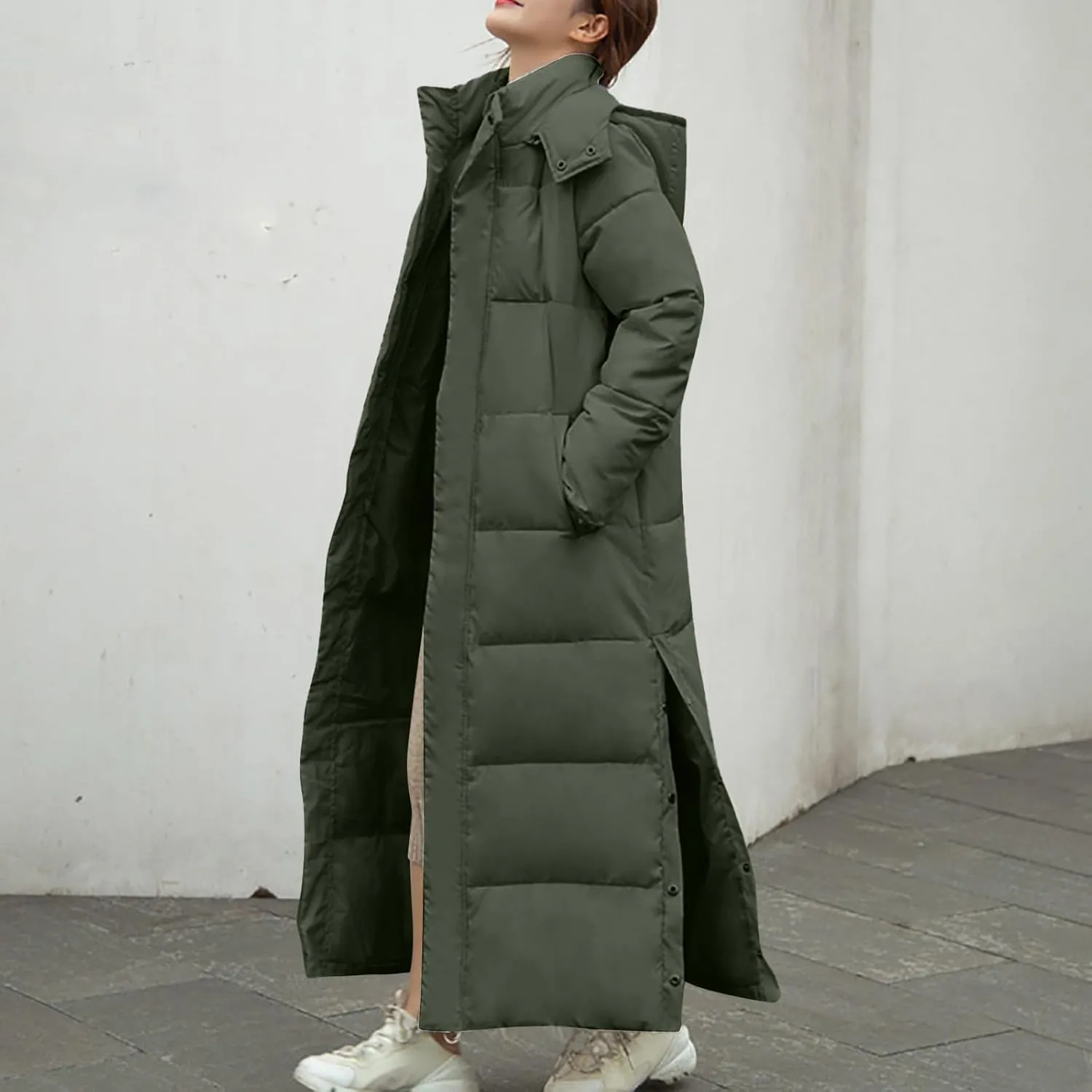 Women's Winter Warm Long Sleeve Cotton Jacket Pockets Hooded Padded Coat Thick Outerwear Maxi Length Quilted Coats