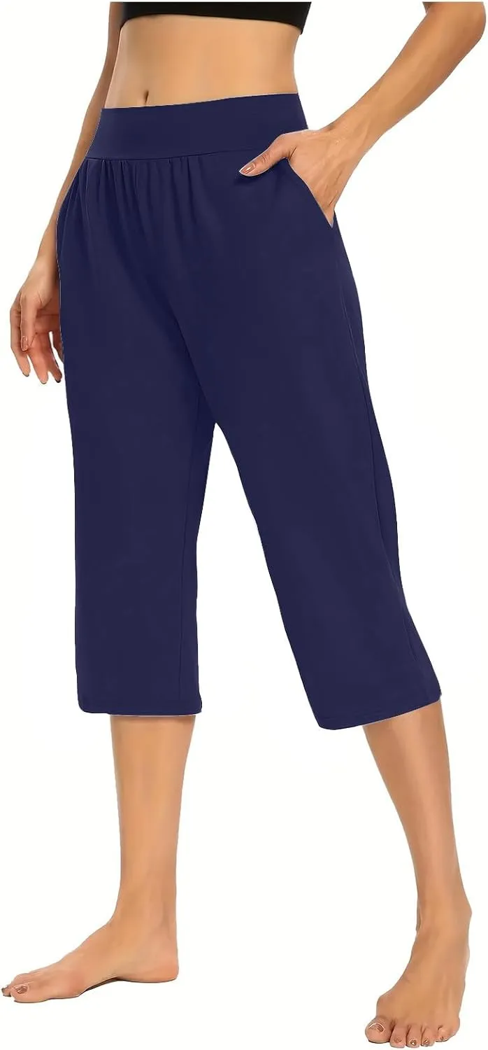 Women's Yoga Pant with Pockets Elastic High Waist Cropped Trousers Comfy Straight Leg Capris Joggers Workout Gym