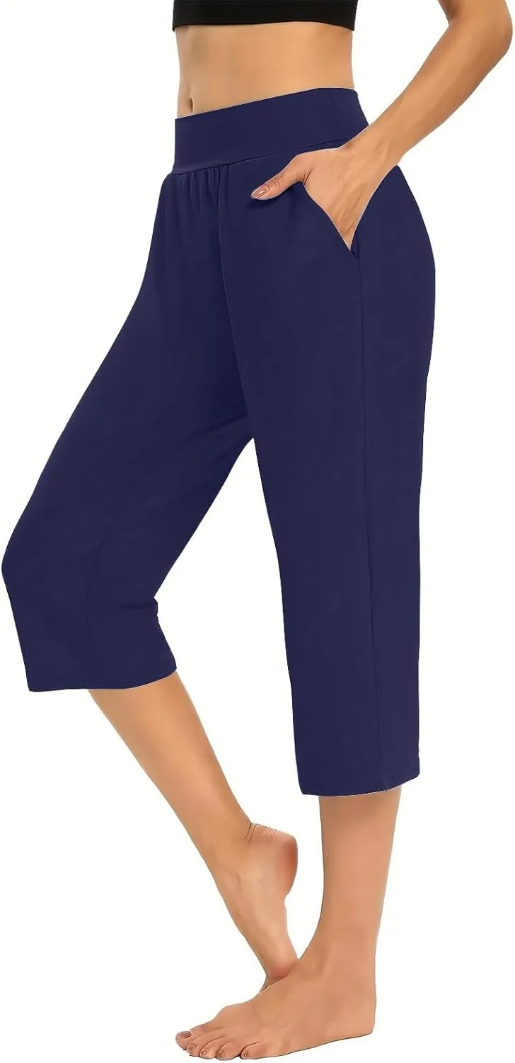 Women's Yoga Pant with Pockets Elastic High Waist Cropped Trousers Comfy Straight Leg Capris Joggers Workout Gym
