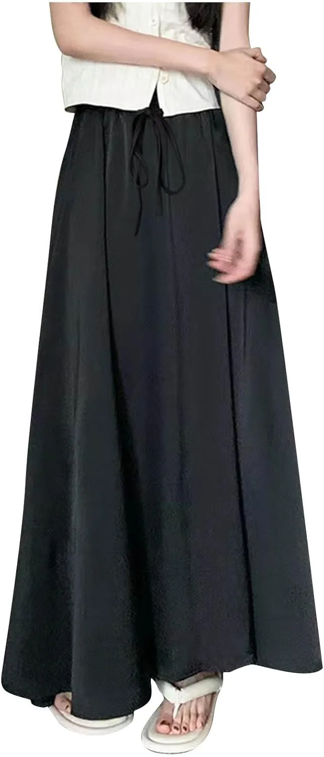 Xiaojmake Women Drawstring High Elastic Waist Satin Maxi Skirt A Line Flared Solid Slim Fitted Going Out Casual Midi Skirts
