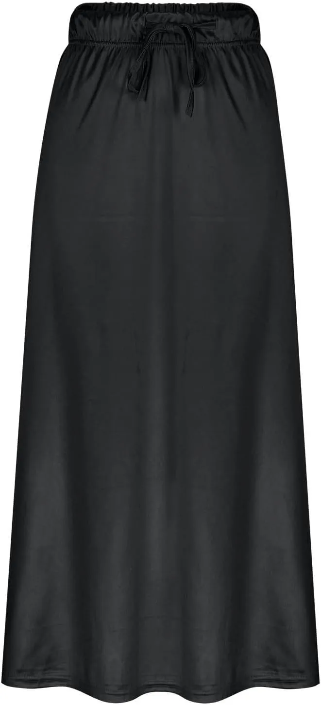 Xiaojmake Women Drawstring High Elastic Waist Satin Maxi Skirt A Line Flared Solid Slim Fitted Going Out Casual Midi Skirts