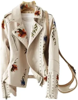 Xingfenly Women Retro Floral Print Embroidery Rivet Faux Soft Leather Jacket Short Turndown Collar Black Punk Outwear s2 Beige L