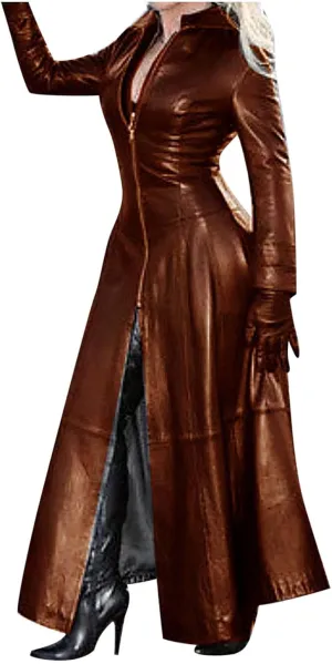 XUNRYAN Womens Faux Leather Long Jacket Victorian Steampunk Jackets Zipper Vintage Gothic Plus Size Maxi Long Trench Coat