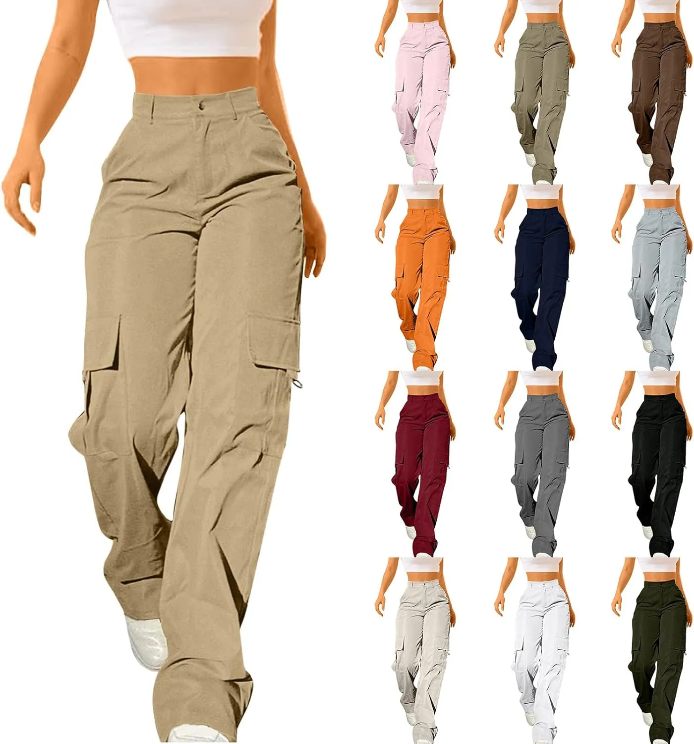 Y2K Cargo Pants for Women Teen Girl Baggy Elastic High Waisted Casual Parachute Pant Straight Leg Streetwear Trousers