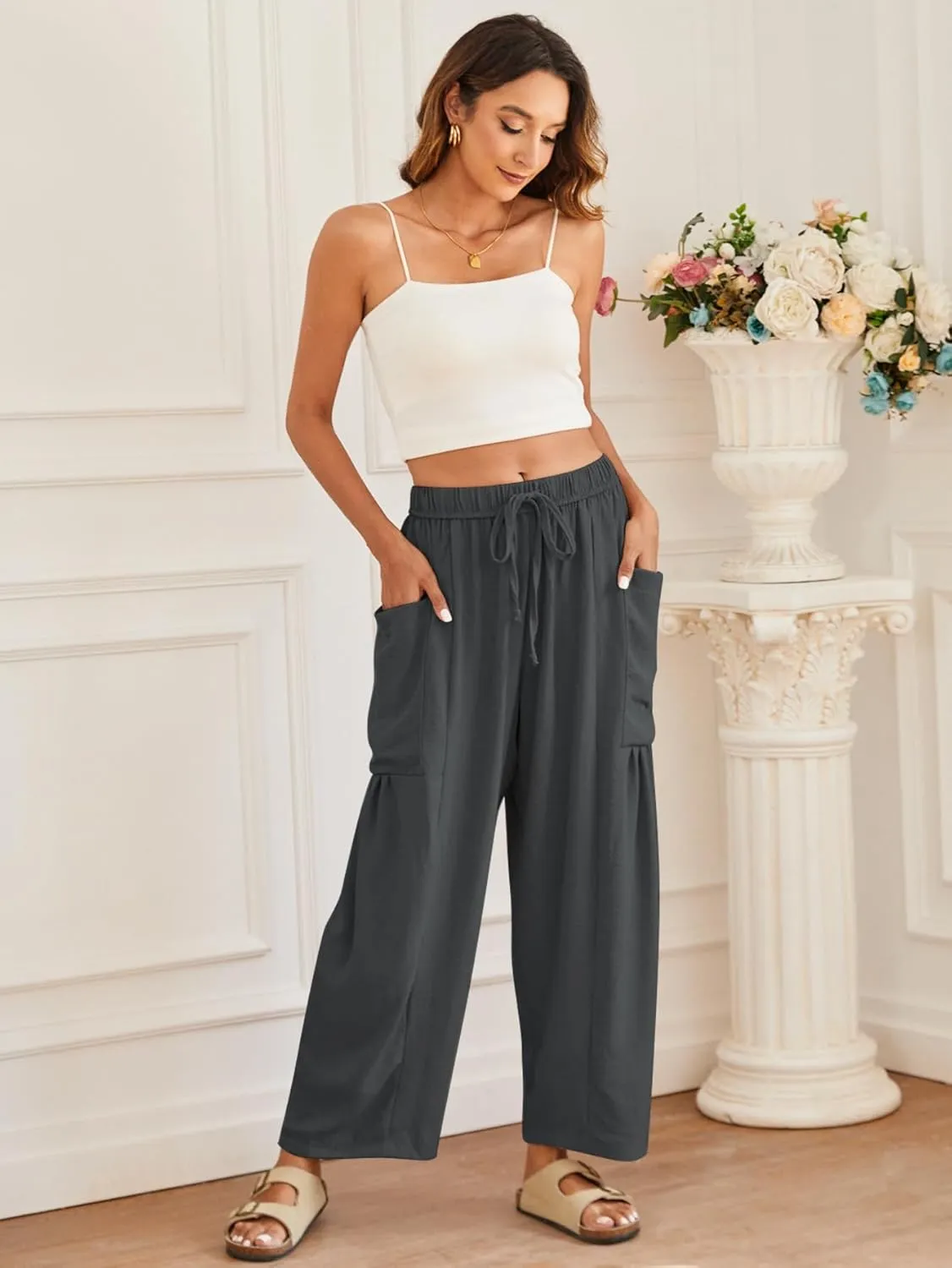 YKR Wide Leg Pants Woman Casual Loose Lightweigt Beach Palazzo Harem Pants Flowy Pants 2025