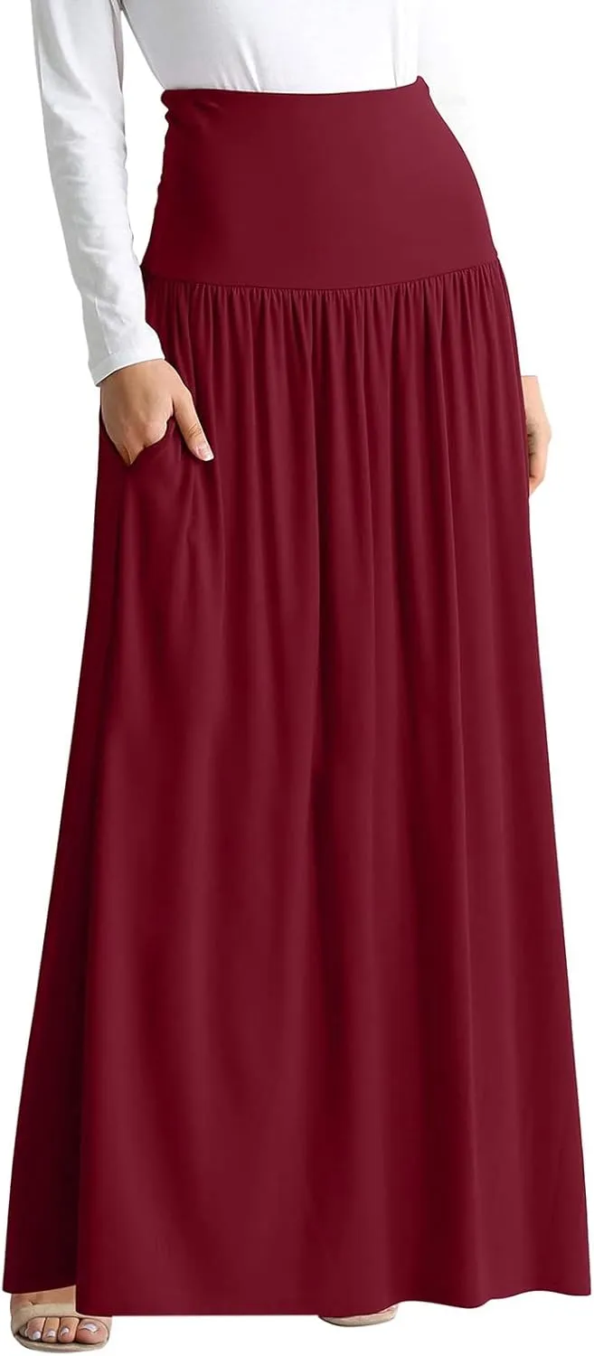YOLAI Plus Size Maxi Skirts for Women High Waist Ankle Length Skirt A-Line Flowy Swing Pleated Skirt with Pockets