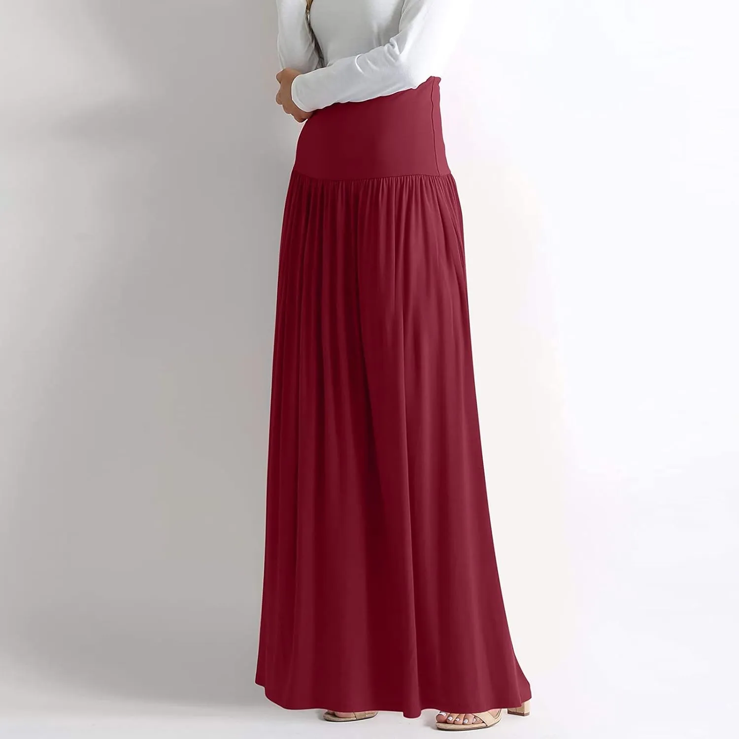 YOLAI Plus Size Maxi Skirts for Women High Waist Ankle Length Skirt A-Line Flowy Swing Pleated Skirt with Pockets
